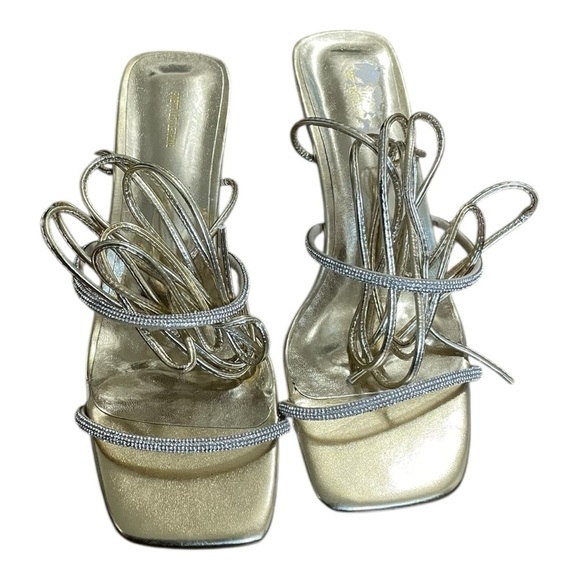 PrettyLittleThing Shoes - Pretty Little Thing Strappy Lace Up Square Toe Heel Sandal Gold Womens 7 kitten